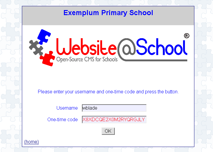 [ Exemplum Primary School, username 'user', one time code X8X...JLY ]