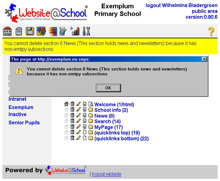 [ Exemplum Primary School, pop up message: error message, Message=subsections not empty ]